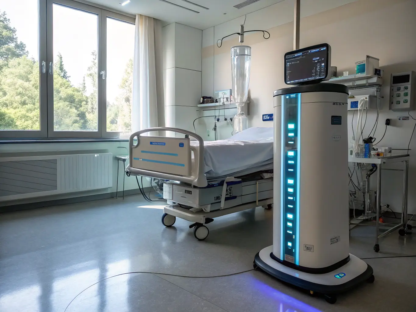 A modern hospital room equipped with advanced medical equipment, including patient monitors, infusion pumps, and diagnostic imaging devices, highlighting the medical equipment export capabilities of Prospect Co Ltd.