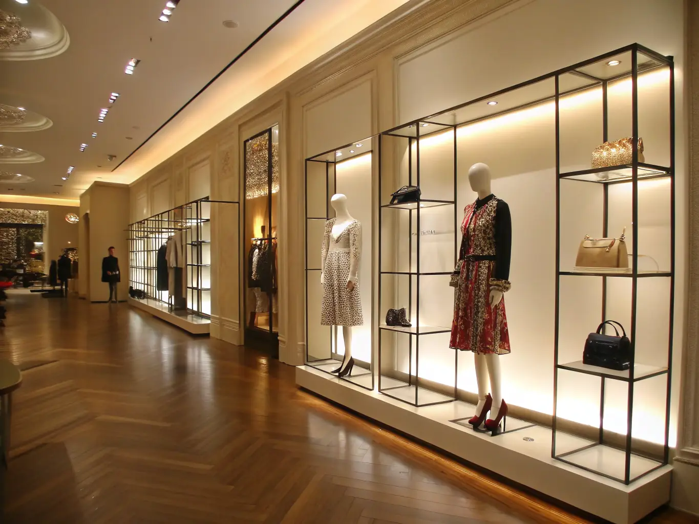 A selection of stylish fashion accessories, including handbags, scarves, and jewelry, displayed on mannequins in a high-end boutique setting, representing the fashion accessories export business of Prospect Co Ltd.