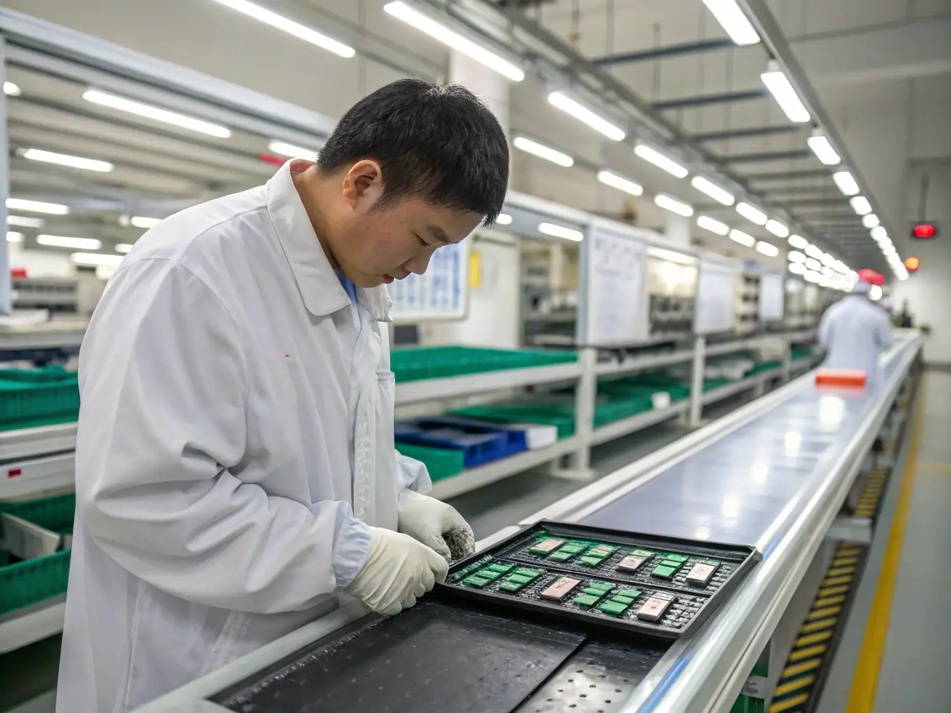 A detailed image of a quality control inspector examining a product on a factory line, emphasizing attention to detail and adherence to standards.