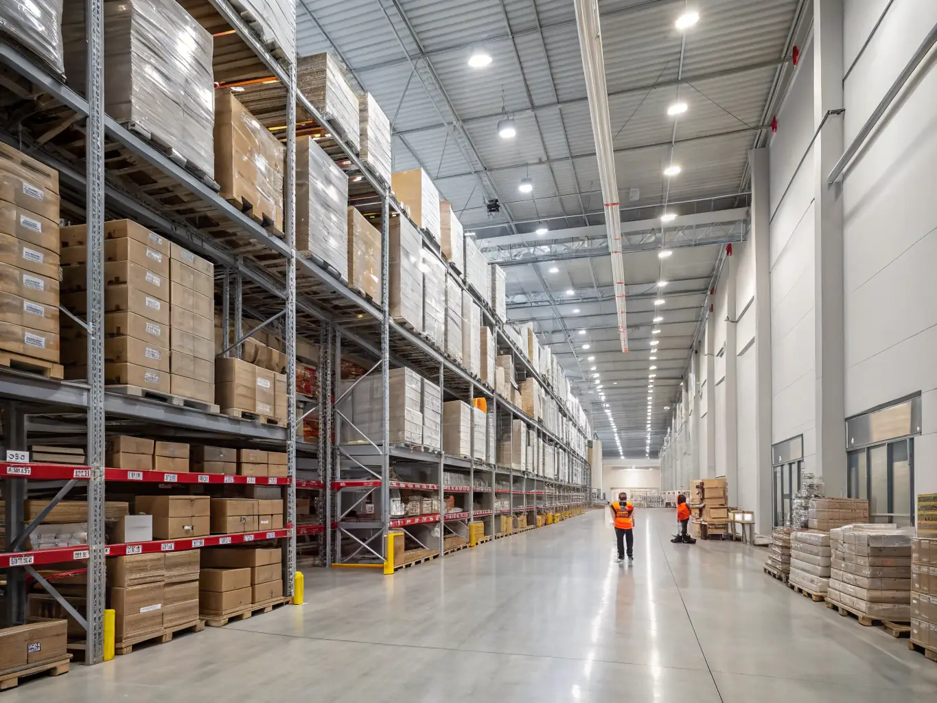 A high-quality image depicting a modern warehouse with goods being prepared for shipment, showcasing efficient logistics operations.
